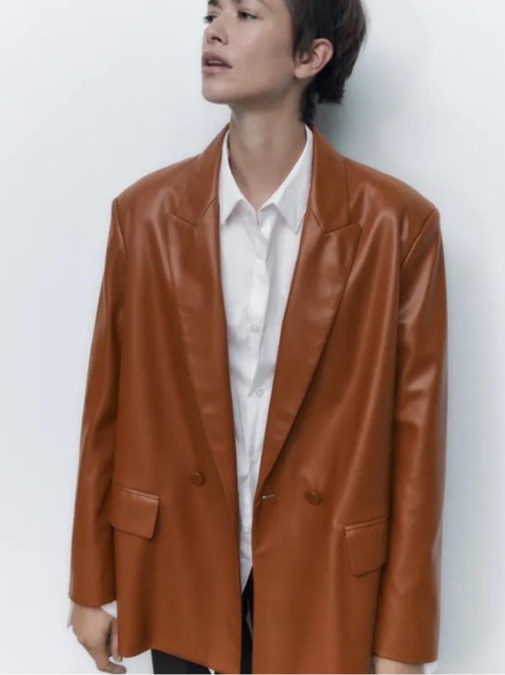 Zara Brown Faux Leather Double-Breasted Blazer - Picture 2 of 5
